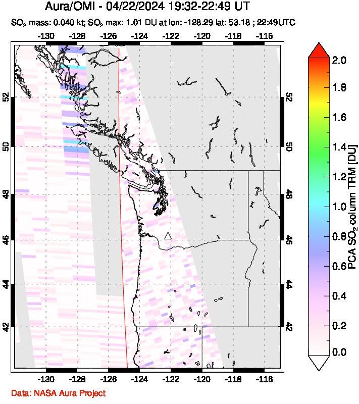 A sulfur dioxide image over Cascade Range, USA on Apr 22, 2024.