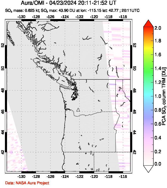 A sulfur dioxide image over Cascade Range, USA on Apr 23, 2024.