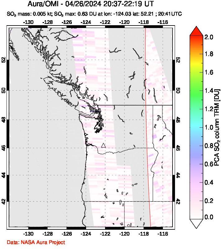 A sulfur dioxide image over Cascade Range, USA on Apr 26, 2024.