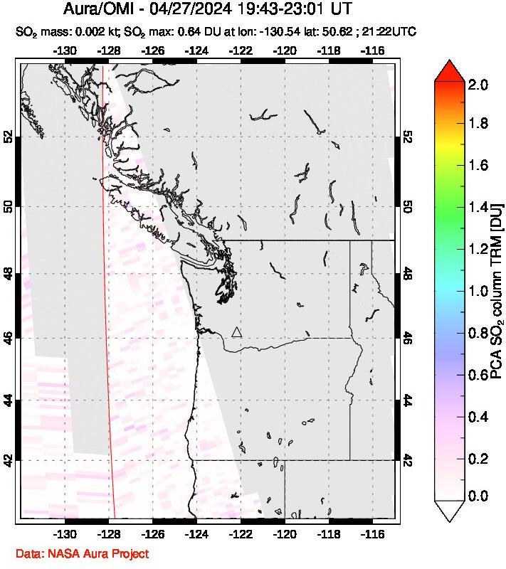 A sulfur dioxide image over Cascade Range, USA on Apr 27, 2024.