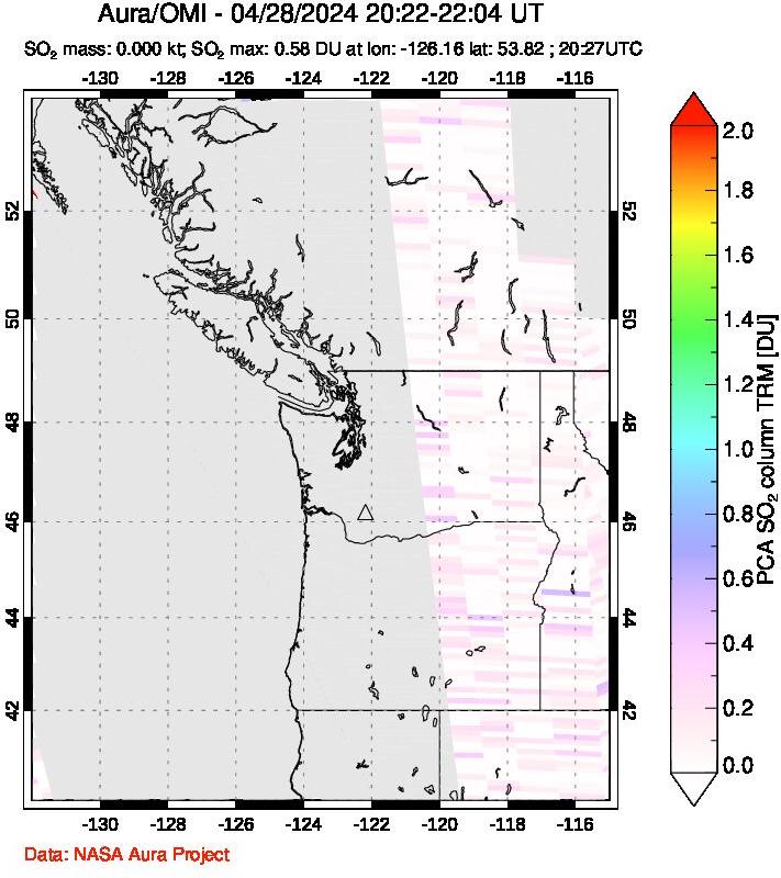 A sulfur dioxide image over Cascade Range, USA on Apr 28, 2024.