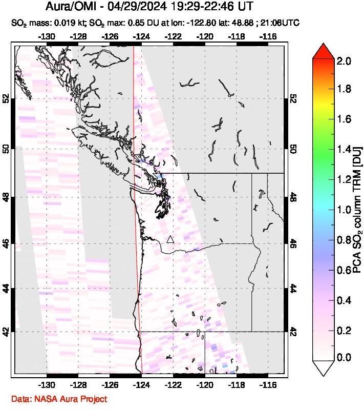 A sulfur dioxide image over Cascade Range, USA on Apr 29, 2024.