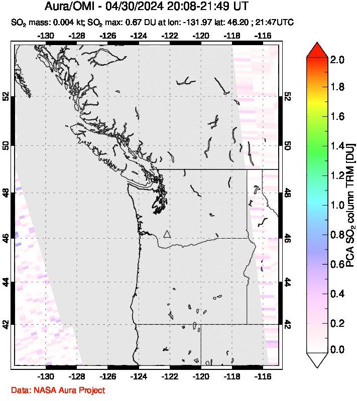 A sulfur dioxide image over Cascade Range, USA on Apr 30, 2024.