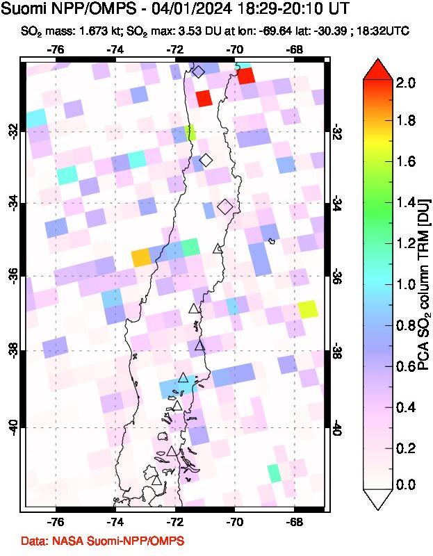 A sulfur dioxide image over Central Chile on Apr 01, 2024.