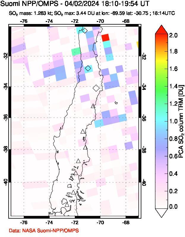 A sulfur dioxide image over Central Chile on Apr 02, 2024.