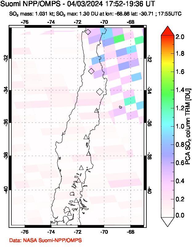 A sulfur dioxide image over Central Chile on Apr 03, 2024.