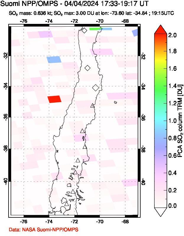 A sulfur dioxide image over Central Chile on Apr 04, 2024.