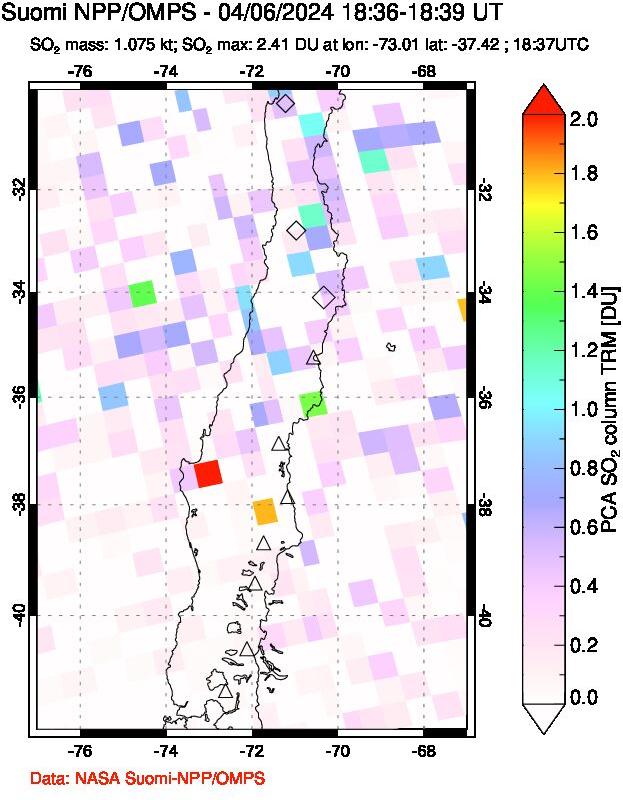 A sulfur dioxide image over Central Chile on Apr 06, 2024.