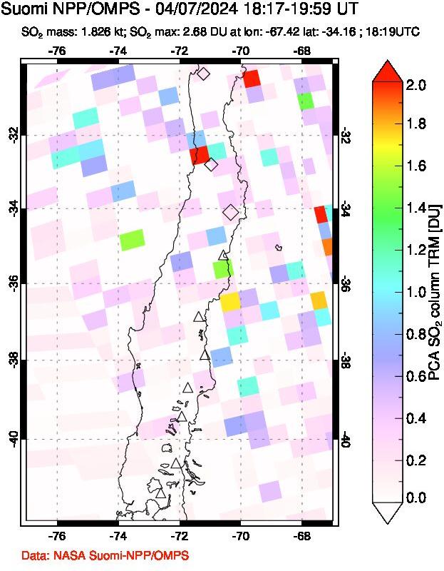 A sulfur dioxide image over Central Chile on Apr 07, 2024.