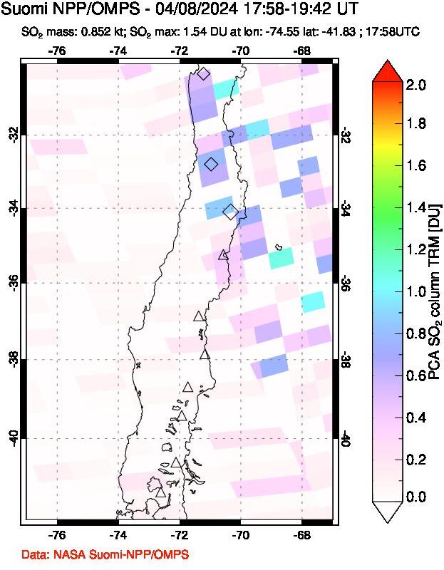 A sulfur dioxide image over Central Chile on Apr 08, 2024.