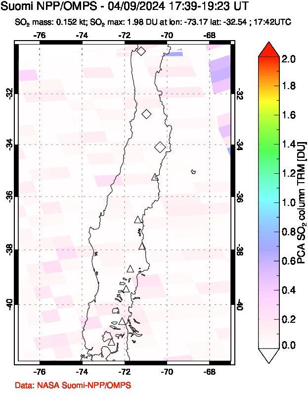 A sulfur dioxide image over Central Chile on Apr 09, 2024.