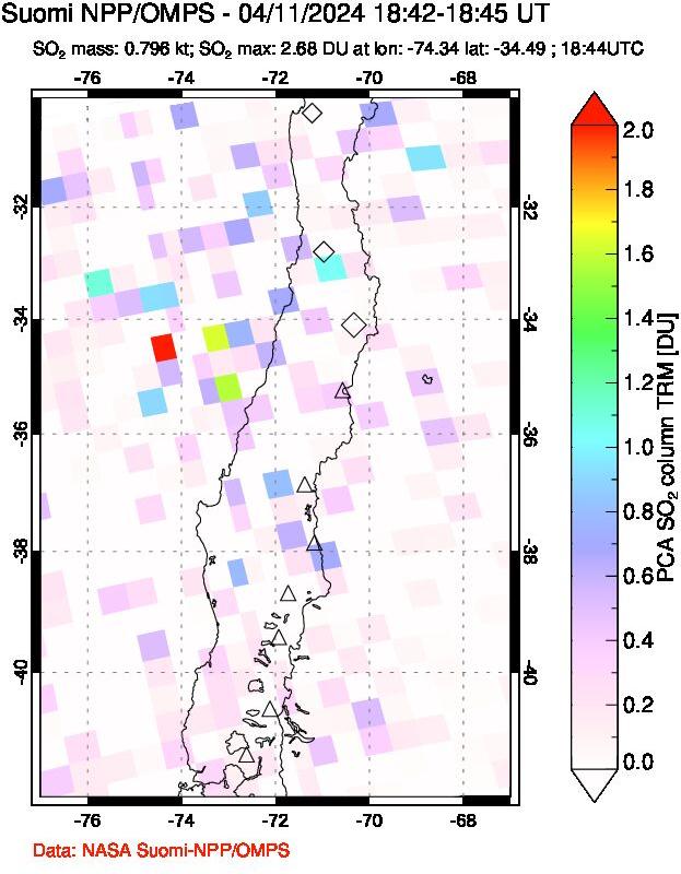 A sulfur dioxide image over Central Chile on Apr 11, 2024.