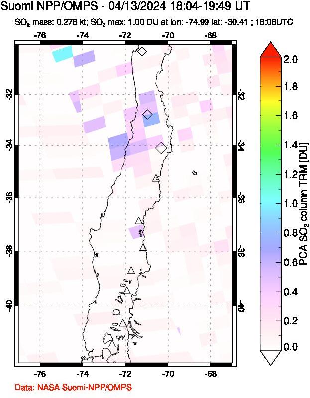 A sulfur dioxide image over Central Chile on Apr 13, 2024.