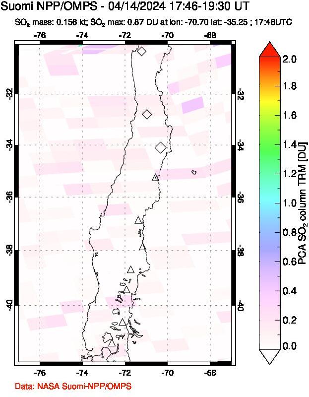 A sulfur dioxide image over Central Chile on Apr 14, 2024.