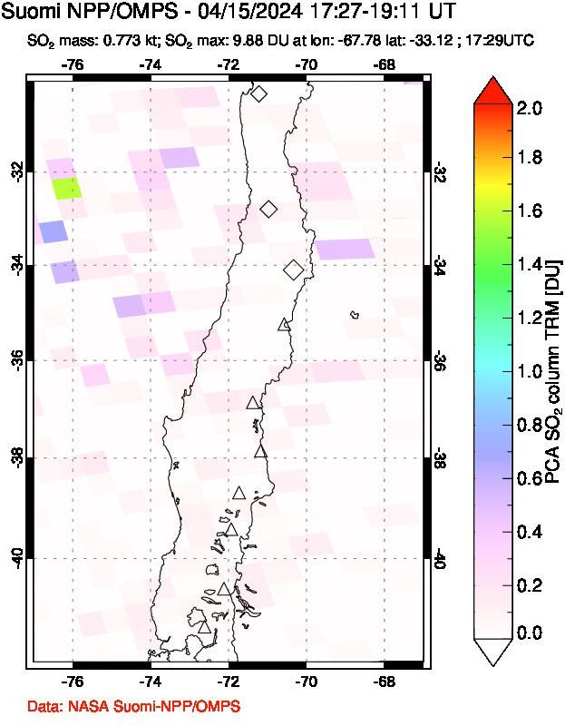 A sulfur dioxide image over Central Chile on Apr 15, 2024.