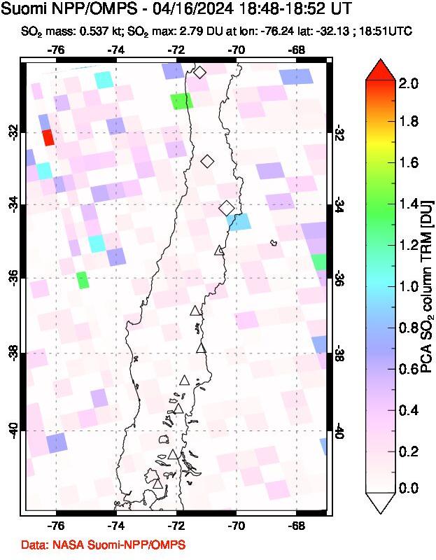 A sulfur dioxide image over Central Chile on Apr 16, 2024.