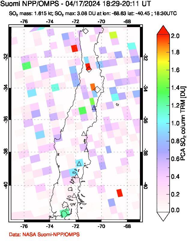 A sulfur dioxide image over Central Chile on Apr 17, 2024.