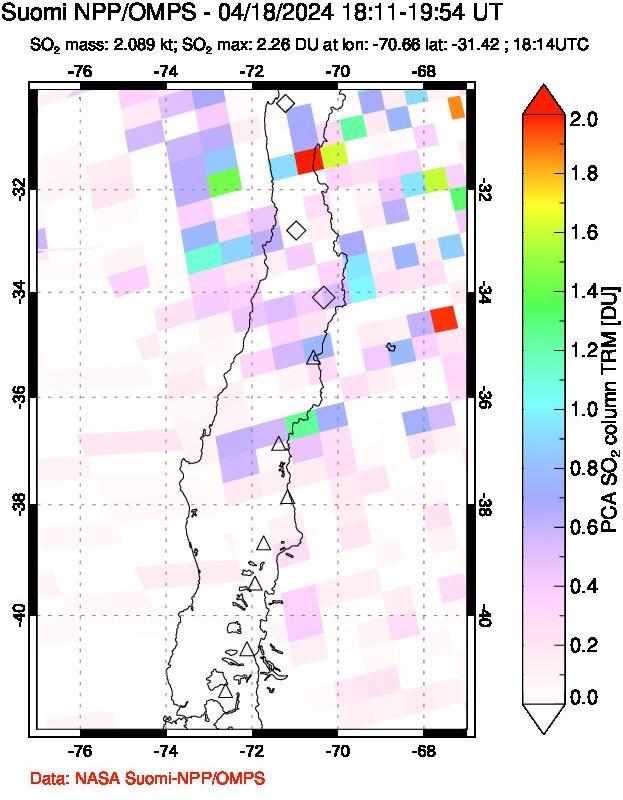 A sulfur dioxide image over Central Chile on Apr 18, 2024.