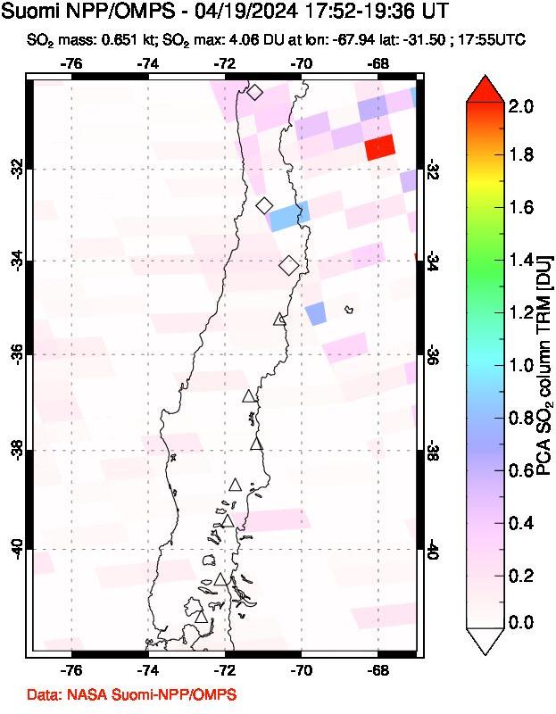 A sulfur dioxide image over Central Chile on Apr 19, 2024.