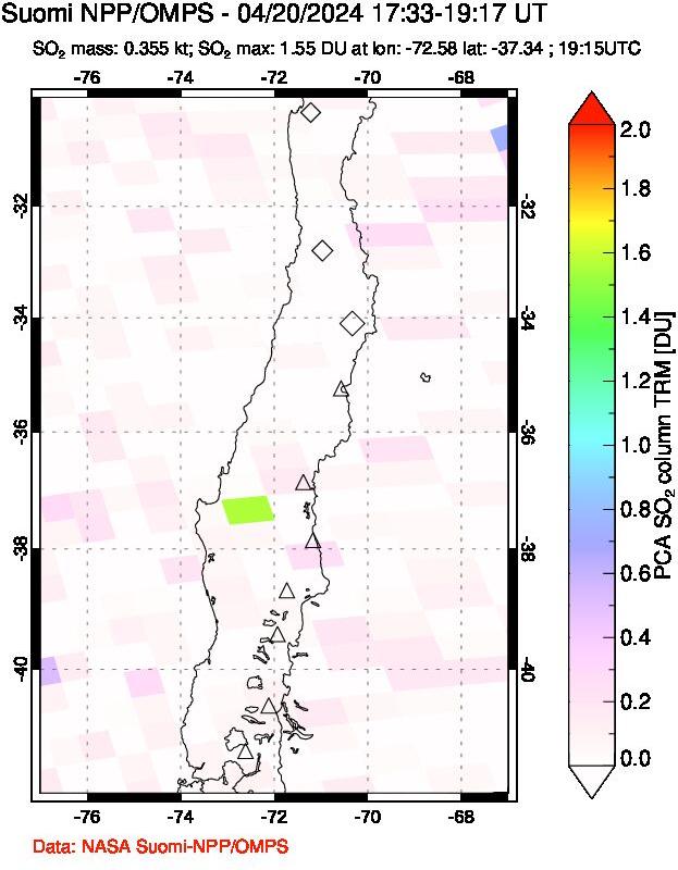 A sulfur dioxide image over Central Chile on Apr 20, 2024.