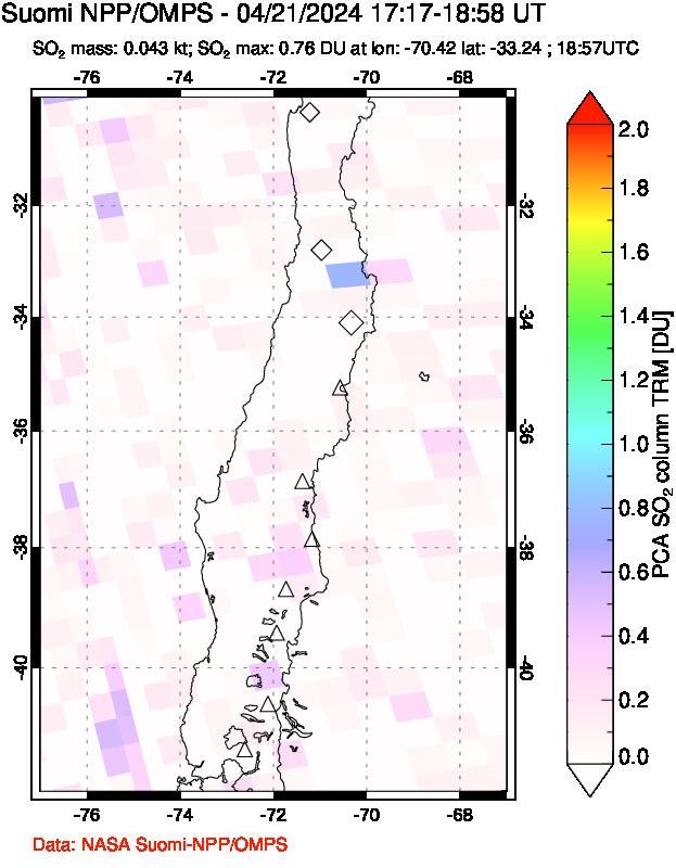 A sulfur dioxide image over Central Chile on Apr 21, 2024.