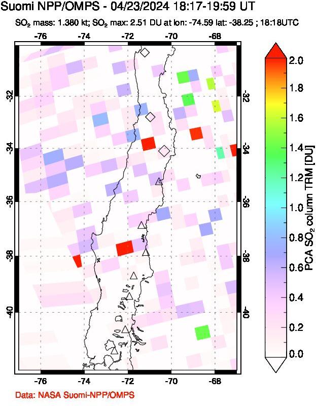 A sulfur dioxide image over Central Chile on Apr 23, 2024.