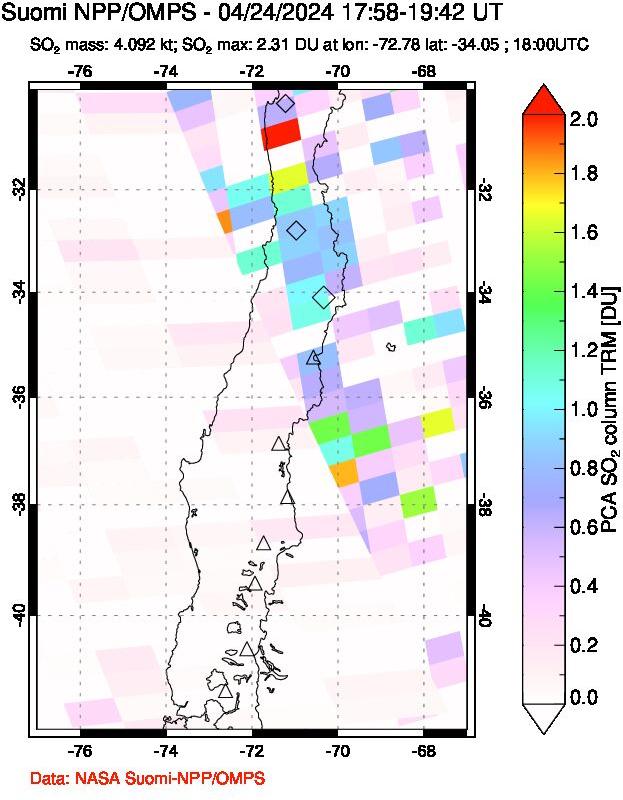 A sulfur dioxide image over Central Chile on Apr 24, 2024.