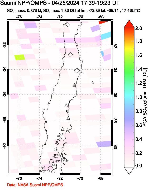 A sulfur dioxide image over Central Chile on Apr 25, 2024.