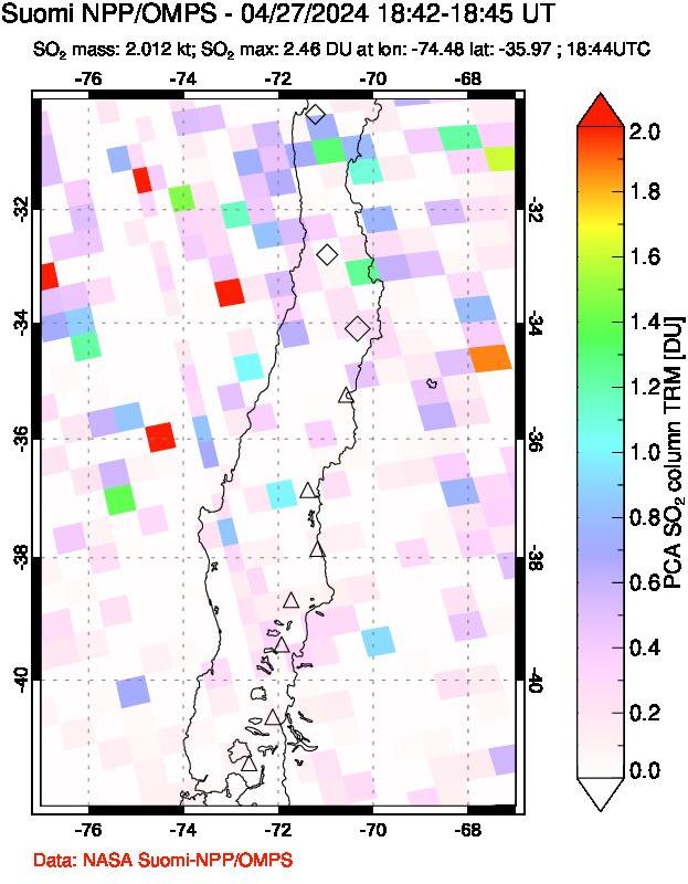 A sulfur dioxide image over Central Chile on Apr 27, 2024.