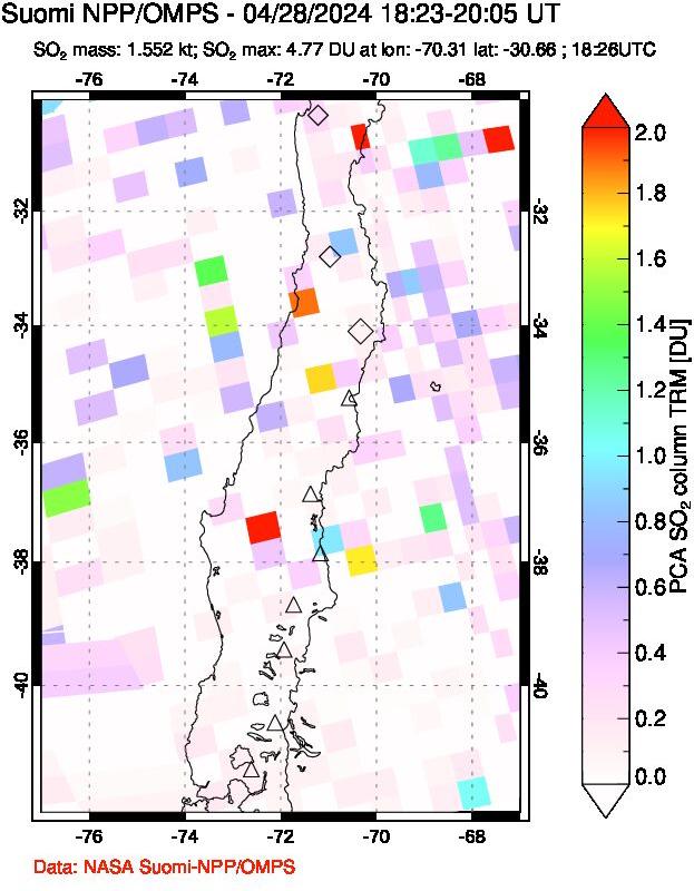 A sulfur dioxide image over Central Chile on Apr 28, 2024.