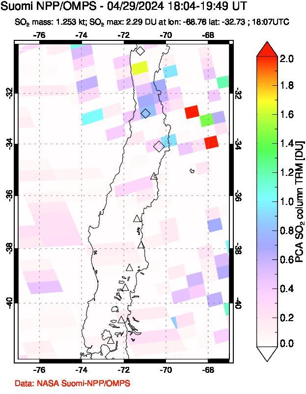 A sulfur dioxide image over Central Chile on Apr 29, 2024.