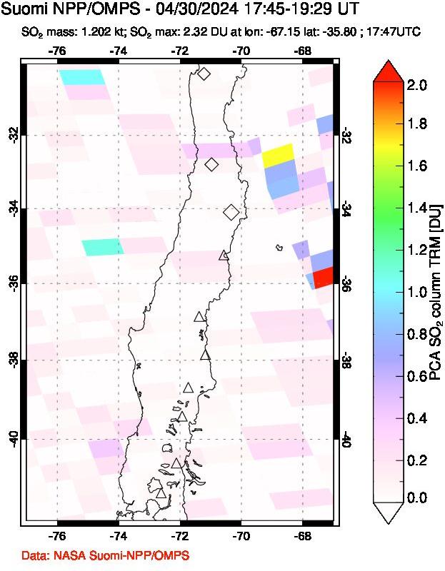 A sulfur dioxide image over Central Chile on Apr 30, 2024.