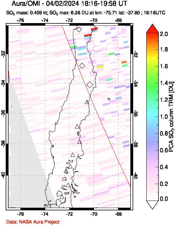 A sulfur dioxide image over Central Chile on Apr 02, 2024.