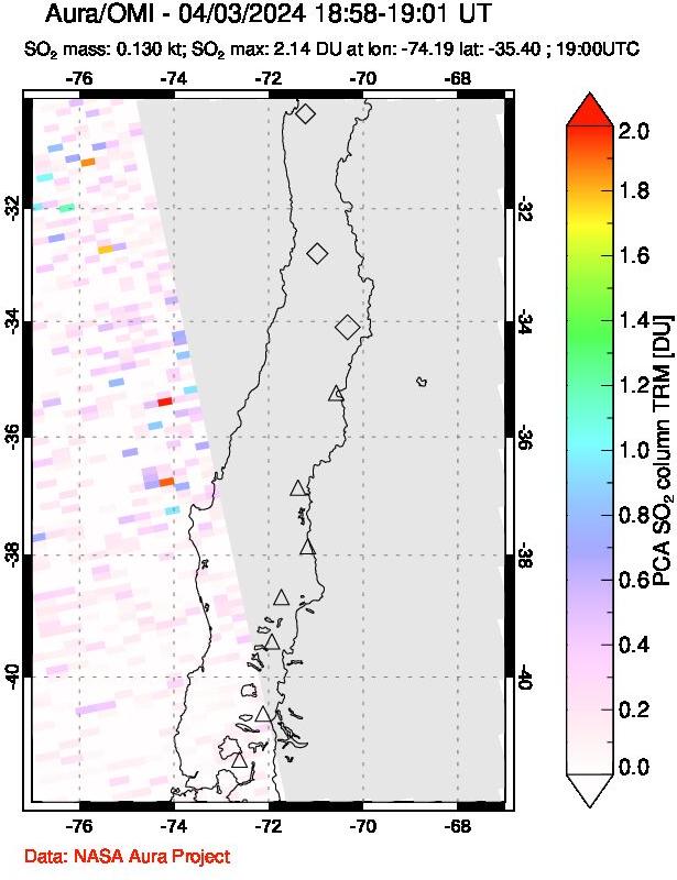 A sulfur dioxide image over Central Chile on Apr 03, 2024.