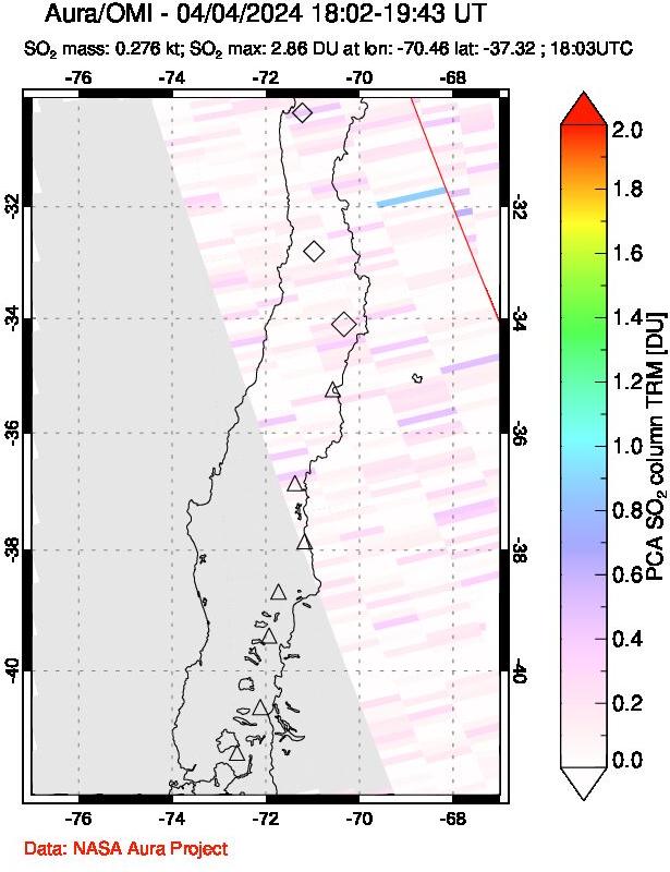 A sulfur dioxide image over Central Chile on Apr 04, 2024.