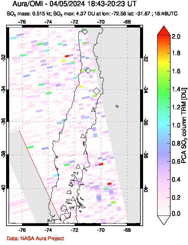 A sulfur dioxide image over Central Chile on Apr 05, 2024.