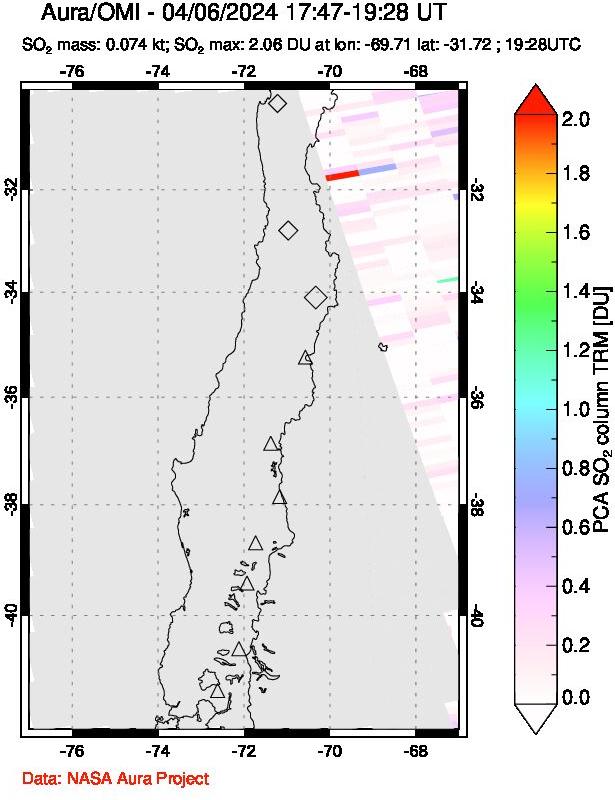 A sulfur dioxide image over Central Chile on Apr 06, 2024.