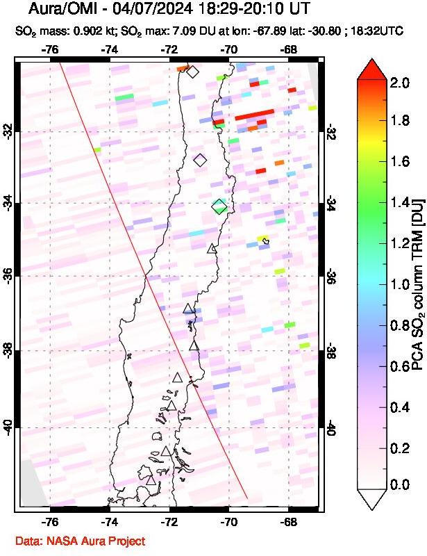 A sulfur dioxide image over Central Chile on Apr 07, 2024.