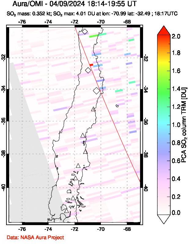 A sulfur dioxide image over Central Chile on Apr 09, 2024.