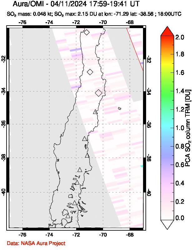 A sulfur dioxide image over Central Chile on Apr 11, 2024.