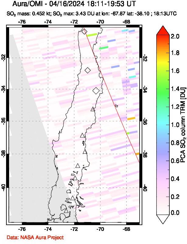 A sulfur dioxide image over Central Chile on Apr 16, 2024.