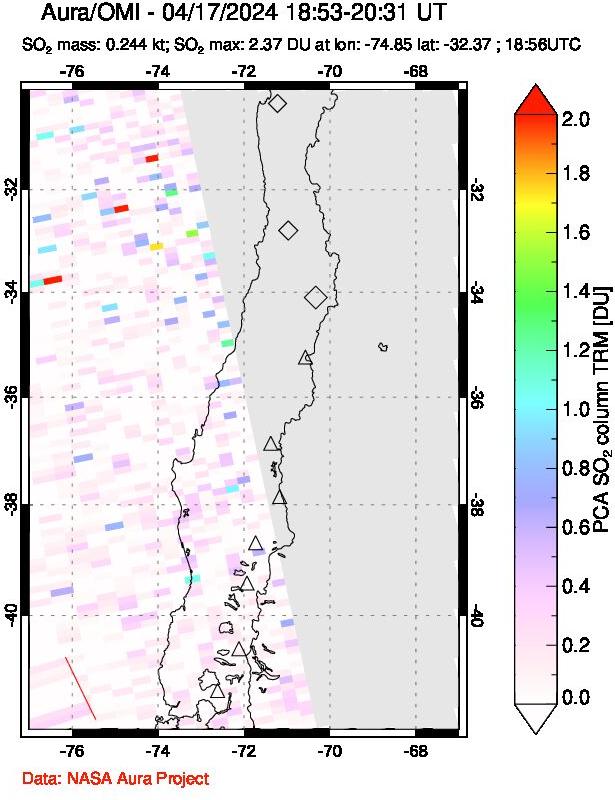 A sulfur dioxide image over Central Chile on Apr 17, 2024.