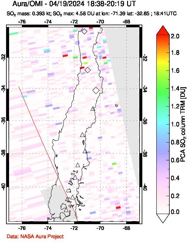 A sulfur dioxide image over Central Chile on Apr 19, 2024.