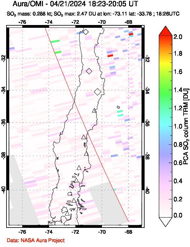 A sulfur dioxide image over Central Chile on Apr 21, 2024.