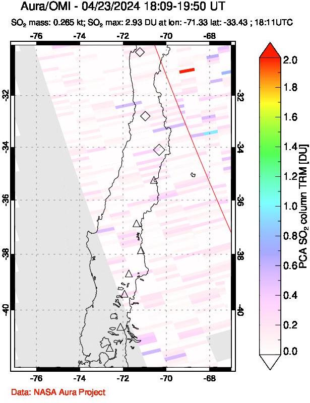 A sulfur dioxide image over Central Chile on Apr 23, 2024.