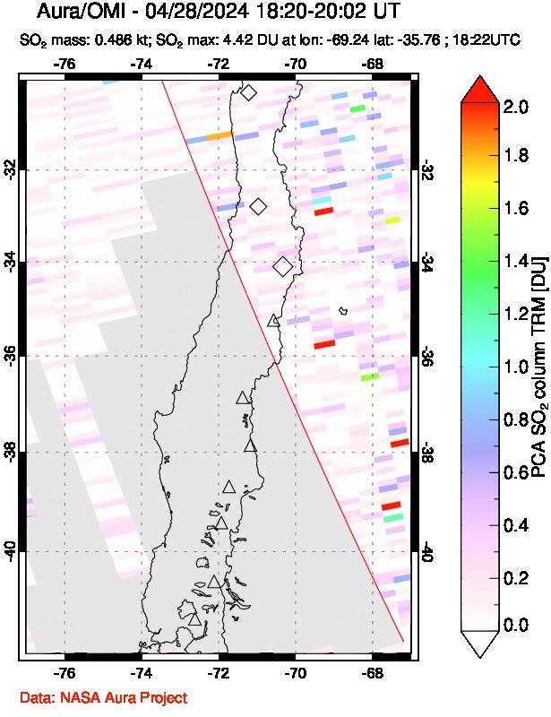 A sulfur dioxide image over Central Chile on Apr 28, 2024.