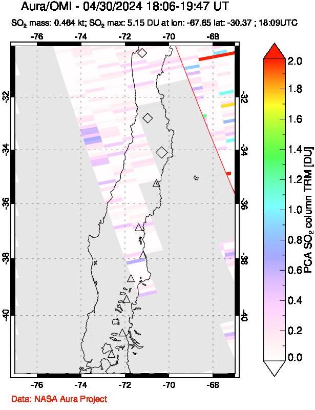 A sulfur dioxide image over Central Chile on Apr 30, 2024.