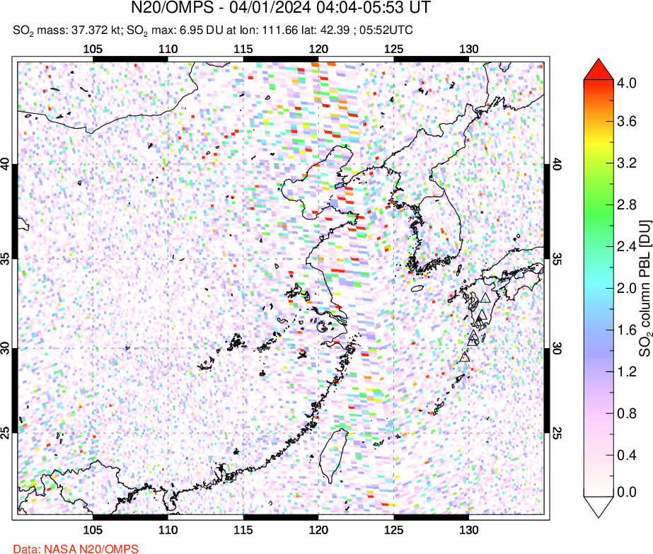 A sulfur dioxide image over Eastern China on Apr 01, 2024.