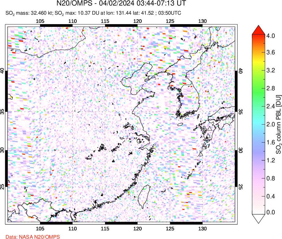 A sulfur dioxide image over Eastern China on Apr 02, 2024.