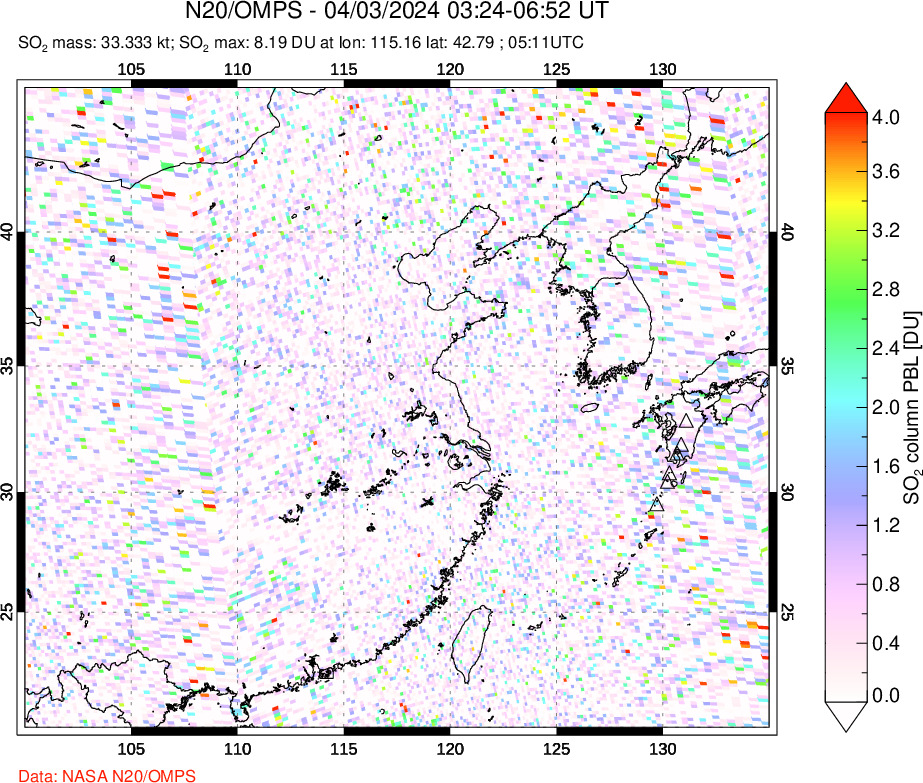 A sulfur dioxide image over Eastern China on Apr 03, 2024.